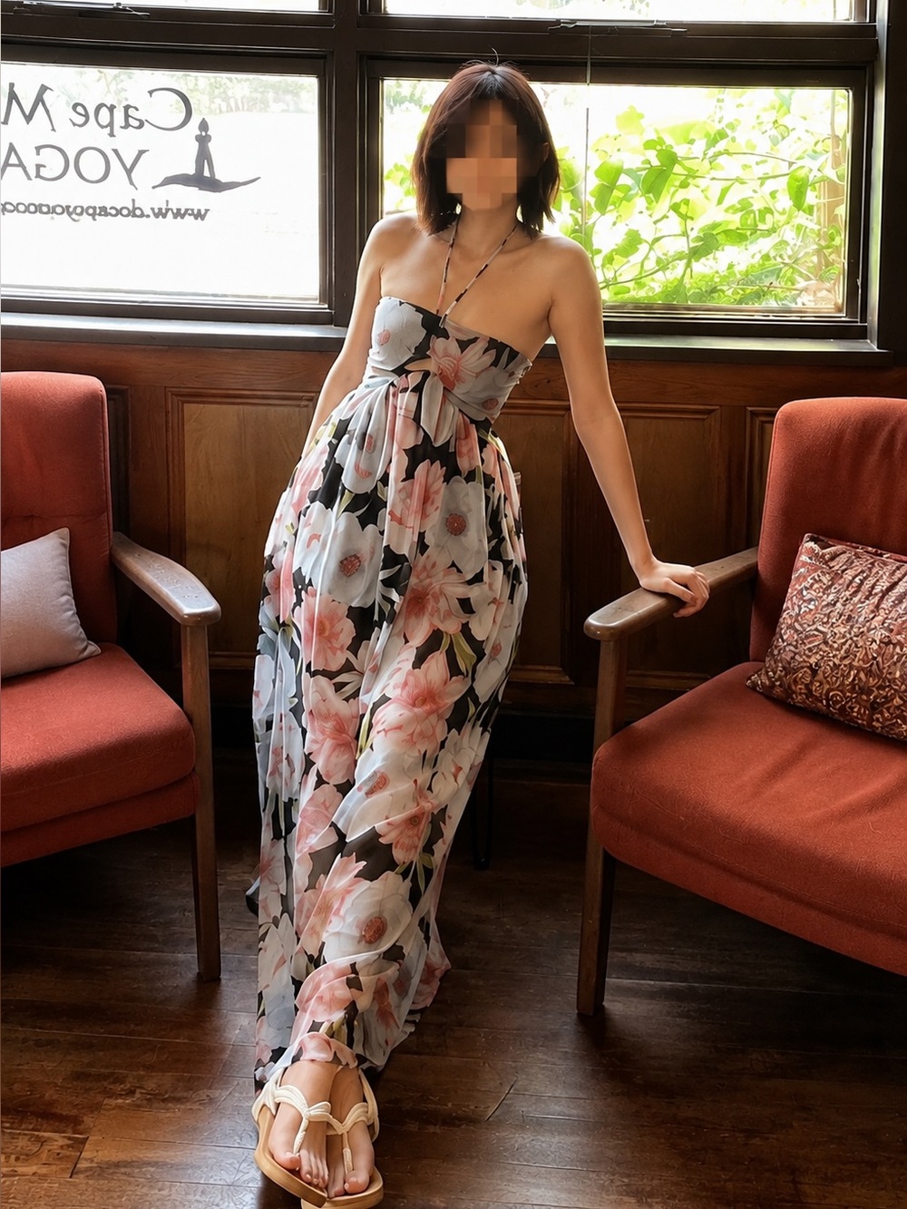 Forever 21 Black Strapless Floral Maxi Dress with Pink & White Blooms